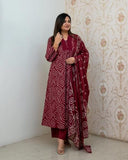 Anni Designer Women'S Rayon Viscose Anarkali Printed Kurta With Pant & Dupatta (Vangala Maroon_L_Maroon_Large),Maroon,L,Rayon,Kurta Set,