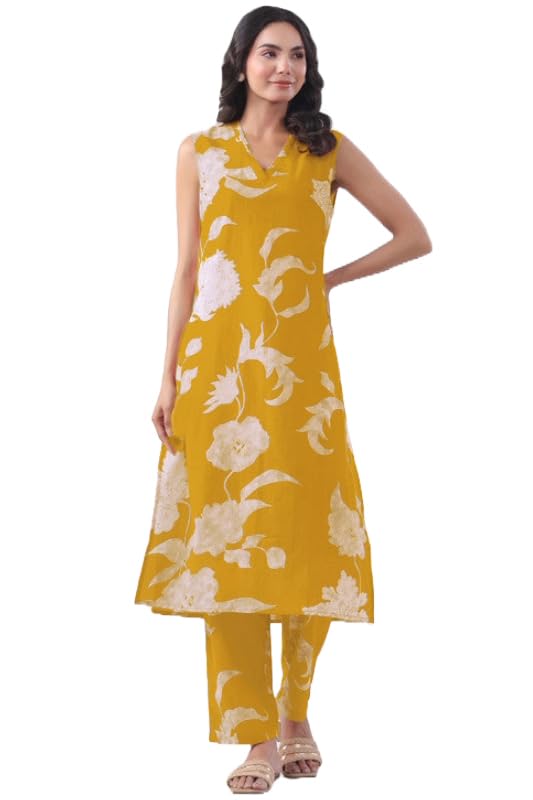 Anni Designer Women'S Rayon Viscose Straight Printed Kurta With Pant (Teras Yellow_L_Yellow_Large),Yellow,L