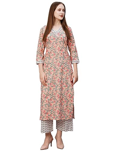 Gosriki Women'S Cotton Blend Printed Straight Kurta With Pant (Cam Peach-Gs_L_Peach_Large),Peach,,B0CBPT132V