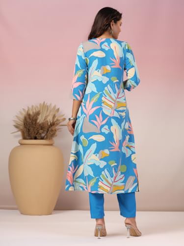 Anni Designer Women'S Rayon Blend Straight Printed Kurta With Pant (Jonaki Blue-Nw_S_Blue_Small),Blue,S,Rayon Blend,Regular,Kurta