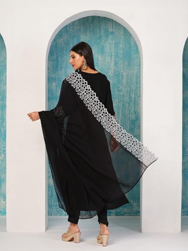 Anni Designer Women'S Rayon Blend Straight Embroidered Kurta With Pant & Dupatta (Trp Black-Nb_L_Black_Large),Black,L,Rayon Blend,Regular,
