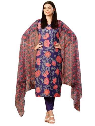 Gosriki Women'S Cotton Blend Straight Printed Kurta With Pant & Dupatta (Fataki Begani-Gs_M_Violet_Medium),Violet,,B0CTXGJHGB