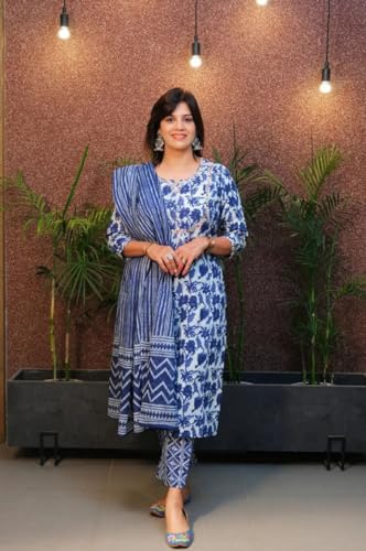 Anni Designer Women'S Cotton Blend Straight Printed Kurta With Pant & Dupatta (Nidali Blue_L_Blue_Large),Blue,L,Cotton Blend,ANNI DESIGNER Women's Cotton Blend Straight Printed Kurta with Pant & Dupatta (Nidali Blue),Kurta, Scarf