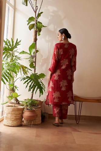 Anni Designer Women'S Rayon Viscose Straight Printed Kurta With Pant (Robin Red_M_Red_Medium),Red,M,Rayon,Regular,