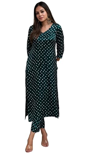 Anni Designer Women'S Rayon Blend Straight Bandhani Printed Kurta With Pant (Prantika Green_S_Green_Small),Green,S