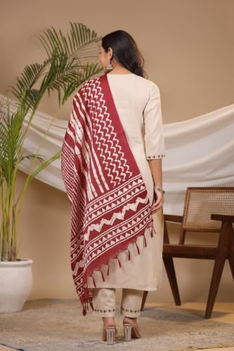 Anni Designer Women'S Cotton Blend Straight Embroidered Kurta With Pant & Dupatta (Dd Beige_L_Beige_Large),Beige,L,Cotton Blend,Regular,