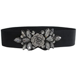 Syga WomenS Pu Leather Cinch Belt With Crystal Floral Metal Buckle, Stretchable Waistband For Dresses Black