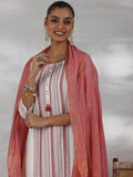 Libas Womens Printed Cotton Blend Straight Kurta With Trousers And Dupatta Off White Xs