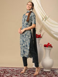 Anni Designer Women'S Cotton Blend Printed Straight Kurta With Pant & Dupatta (Minika Blue_M_Blue_Medium),Blue,M,Cotton Blend,Regular,Kurta, Scarf