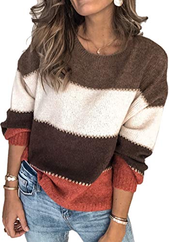 Angashion Women'S Sweaters Casual Long Sleeve Crewneck Color Block Patchwork Pullover Knit Sweater Tops,Pullovers