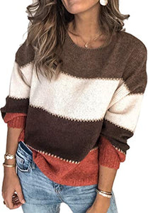Angashion Women'S Sweaters Casual Long Sleeve Crewneck Color Block Patchwork Pullover Knit Sweater Tops,Pullovers