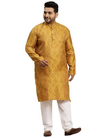 Sojanya (Since 1958 Men'S Jacquard Silk Mustard & Gold Kurta & Off-White Churidar Pyjama Set Size-4Xl