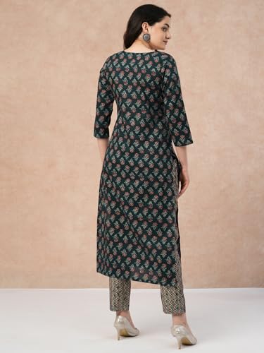 Anni Designer Women'S Cotton Blend Straight Printed Kurta With Pant (Nivaba Blue_Xxl_Blue_Xx-Large),Blue,2XL,Cotton Blend,Regular,