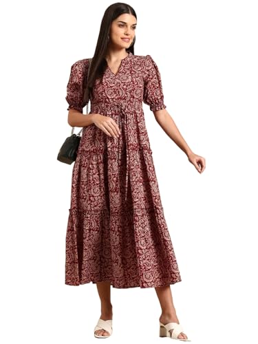 Gosriki Women'S Cotton Blend A-Line Printed Dress (Cam11 Maroon-Nw-Gs-Nw_S_Maroon_Small),Maroon,,B0CV7TQ3MD