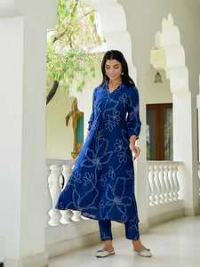 Anni Designer Women'S Cotton Blend Anarkali Printed Kurta With Pant (Marup Blue_M_Blue_Medium),Blue,M,Cotton Blend,Anarkali,
