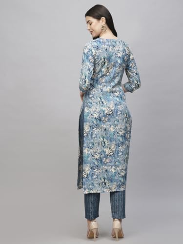 Anni Designer Women'S Cotton Blend Straight Printed Kurta With Pant (Seep Blue_S_Blue_Small),Blue,S,Rayon Blend,Regular,Kurta