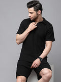 Rigo Waffle Knit Self Textured Co-Ord Set For Men | Night Suit | Lounge-Wear Pajama Set | Beach And Vacation Wear Black