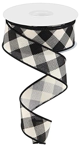 Diagonal Check Pattern Wired Ribbo Diagonal Plaid Check Wired Edge Ribbon - 10 Yards (Cream, Black, 1.5 I ...