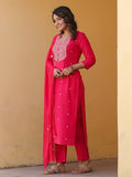 Anni Designer Women'S Rayon Blend Embroidered Straight Kurta With Pant & Dupatta (Kasturi Pink_S_Pink_Small),Pink,S,Rayon Blend,Regular,