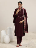 Libas Womens Yoke Design Wool Straight Kurta With Trousers And Dupatta Maroon L