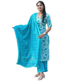 Gosriki Women'S Cotton Blend Straight Printed Kurta With Pant & Dupatta (Ramitara Blue-Gs_M_Blue_Medium),Blue,,B0D9YKGXQD