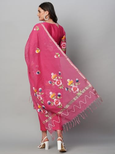 Anni Designer Women'S Cotton Blend Straight Printed Kurta With Pant & Dupatta (Natkat Pink_Xxl_Pink_Xx-Large),Pink,2XL,Cotton Blend,Regular,