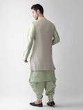 Kisah Mens Kurta Jacket Dhoti Set, Silk Blend Jacquard Mandarin Collar Long Sleeves, Beige Ethnic Wear Set For Men, 40