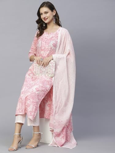 Anni Designer Women'S Cotton Blend Printed Straight Kurta With Pant Pack Of 2 (Combo-Prem Pink-Coco-Wine_Multicolor_Medium),Multicolour,M,Cotton Blend,Combo-Prem040,Kurta, Scarf