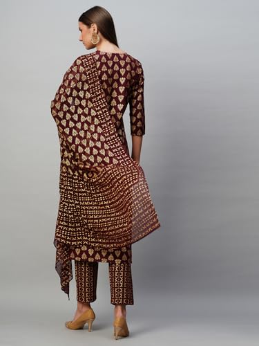 Anni Designer Women'S Cotton Blend Straight Printed Kurta With Pant & Dupatta (Mohmaya Brown_S_Brown_Small),Brown,S,Cotton Blend,Casual,Kurta, Scarf