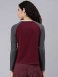 Enamor Women's Solid Slim Fit T-Shirt (E307_Forged Iron Melange/Dry Blood XL)