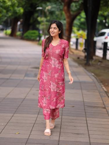 Anni Designer Women'S Rayon Viscose Straight Printed Kurta With Pant (Tisur Pink_Xxl_Pink_Xx-Large),Pink,2XL,Rayon,Regular,