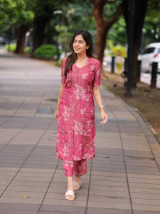 Anni Designer Women'S Rayon Viscose Straight Printed Kurta With Pant (Tisur Pink_Xxl_Pink_Xx-Large),Pink,2XL,Rayon,Regular,