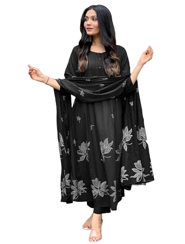 Anni Designer Women'S Rayon Viscose Anarkali Printed Kurta With Pant & Dupatta (Gangori Black_Xxl_Black_Xx-Large),Black,2XL