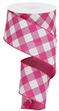 Diagonal Plaid Check Wired Edge Ribbon - 10 Yards (Fuchsia, White, 2.5)