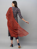 Anni Designer Women'S Cotton Blend Straight Printed Kurta With Pant & Dupatta (Chachu Blue_Xl_Blue_X-Large),Blue,XL,Cotton Blend,Regular,