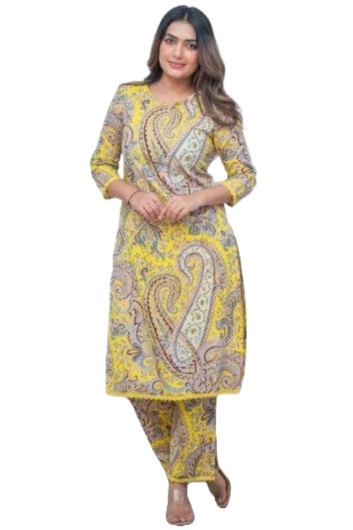 Anni Designer Women'S Rayon Viscose Straight Printed Kurta With Palazzo (Elevate Yellow-Vks01_Xl_Yellow_X-Large),Yellow,XL