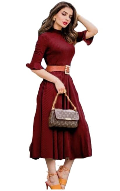Anni Designer Women'S Lycra Cotton Solid Half Sleeve Belted Flowy Tiered A-Line Dress (Juli-Maroon-Nw_M_Maroon_Medium),Maroon,M