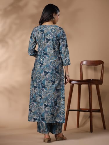 Anni Designer Women'S Rayon Blend Straight Printed Kurta With Palazzo (Kanjirang Blue_M_Blue_Medium),Blue,M,Rayon Blend,Regular,Kurta, Pants