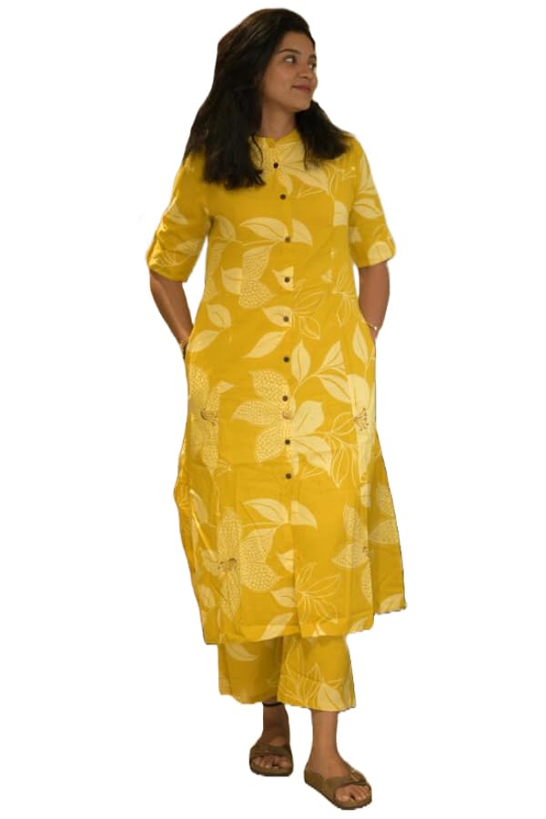 Anni Designer Women'S Rayon Viscose Straight Printed Kurta With Pant (Sunoni Yellow_S_Yellow_Small),Yellow,S