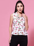 Oomph! Women'S Crepe Printed Top With Tie Neck And Sleeveless,White,White,Xl