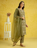 Kaari Rayon Staple 3 PCS Women Kurta Set (KAAAW24WSKD-82020_Mehendi Green_2XL)