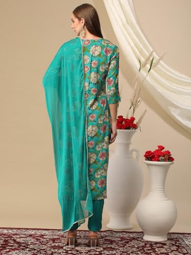 Anni Designer Women'S Cotton Blend Printed Straight Kurta With Pant & Dupatta (Aj Lee Rama_Xxl_Green_Xx-Large),Green,2XL,Cotton Blend,Regular,