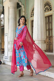 Anni Designer Women'S Cotton Blend Straight Printed Kurta With Pant & Dupatta (Down-Rama Blue-Nkf_L_Blue_Large),Blue,L,Cotton Blend,Straight,Dupatta
