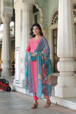 Anni Designer Women'S Cotton Blend Straight Printed Kurta With Pant & Dupatta (Foolkiran Pink_Xl_Pink_X-Large),Pink,XL,Cotton Blend,Regular,