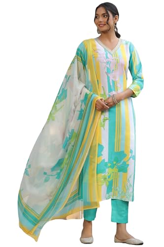Anni Designer Women'S Cotton Blend Straight Printed Kurta With Pant & Dupatta (Kapila Green-Nw_S_Green_Small),Green,S