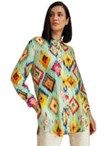 Leriya Fashion Women's Rayon Ikat Printed Casual Shirt Tops for Women Long Cuff Sleeves Collared Neck Button Down Tunic for Outi
