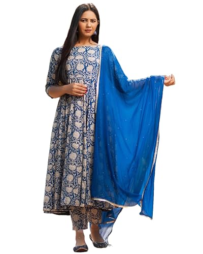 Anni Designer Women'S Rayon Blend Bagru Printed Anarkali Kurta With Pant & Dupatta (Sukhkarni-Blue_M_Blue_Medium),Blue,M