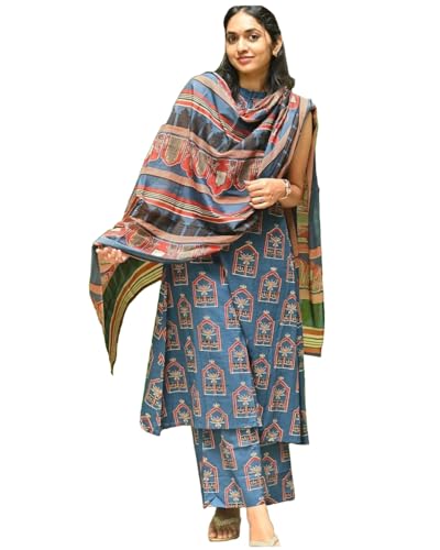 Gosriki Women'S Rayon Blend Anarkali Printed Kurta With Palazzo & Dupatta (Nethra Blue-Gs_Xl_Blue_X-Large),Blue,,B0DK9NRHWD