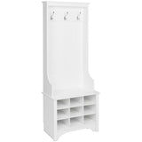 Prepac White Hall Tree, Shoe Cabinet, Storage Cabinet with 9 Shoe Cubbies and 3 Double Coat Hooks 15.5 D x 27 W x 68 H