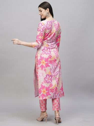 Anni Designer Women'S Cotton Blend Straight Printed Kurta With Pant (Balu Pink_Xl_Pink_X-Large),Pink,XL,Cotton Blend,Regular,Kurta